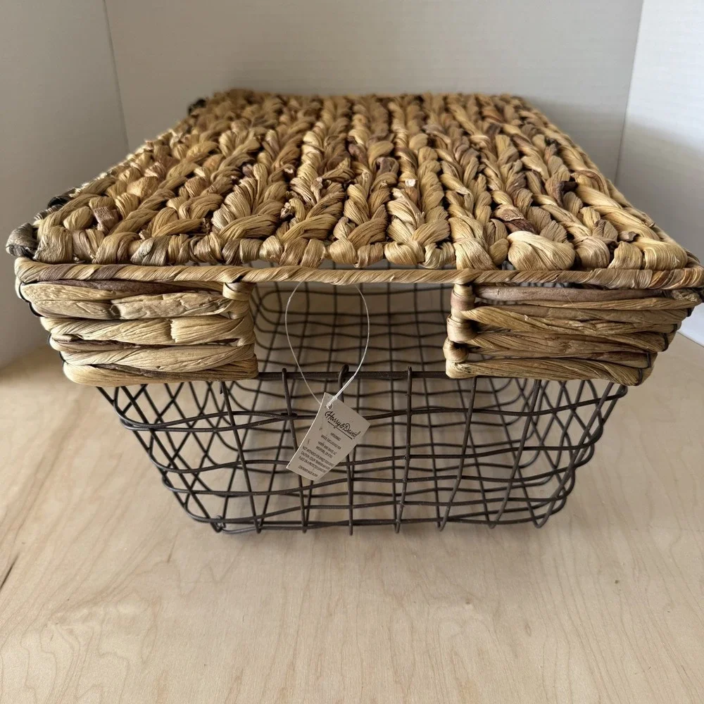 Harry & David Wicker and Wire Basket Removable Hinged Lid 17” x 12” x 9” New